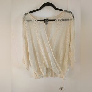 Bobeau Cream 3/4 Sleeve Wrap Blouse